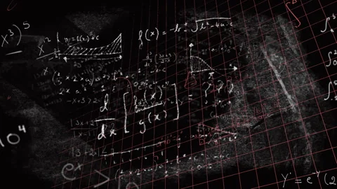 Math equations filling dark chalkboard with red grid overlay showing integrals Stock Footage 309111327