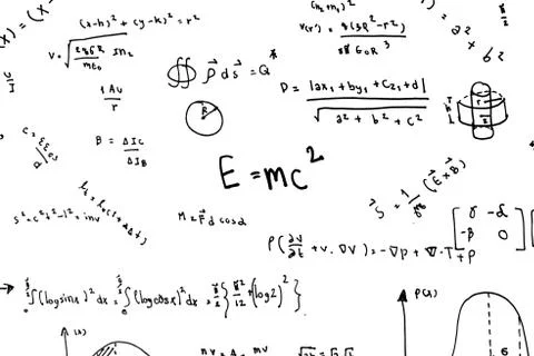 Math equations hand write scientific formulas and calculations in physics and Stock Photos