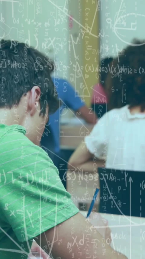Math equations hover over students studying in a classroom, symbolizing Stock Footage 342802564
