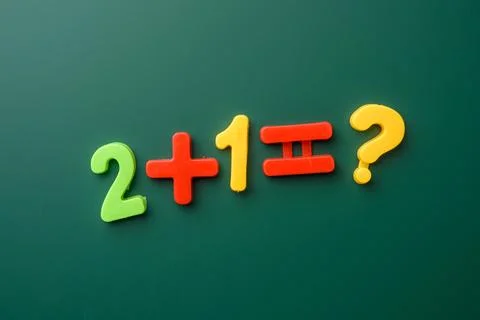 Math example written on a green chalk board, one plus two Stock Photos