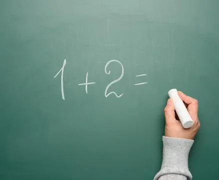 Math example written in white chalk on a green chalk board and a woman's ha.. Stock Photos
