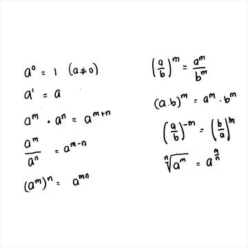 Math formula. Characteristics of numbers to exponents written by hand. Illustrazione stock