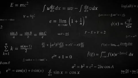 Math Formula Science Equation Symbols Written on Chalkboard Moving Illustrazione stock