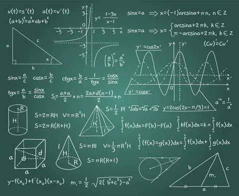 Math formulas. Chalk board background with algebraic and geometric graphs Stock Illustration