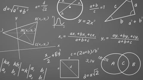 Math Formulas, Graphs and Symbols on Chalkboard Illustrazione stock