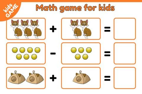 Math game with cartoon kittens balls cat houses Stock Illustration