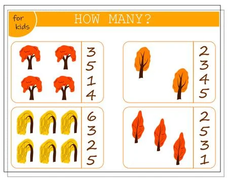 Math game for children, count how many autumn trees. Vector isolated on a w.. Stock Illustration
