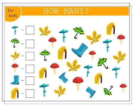 Math game for children, count how many umbrellas, mushrooms, leaves, boots,.. Stock Illustration
