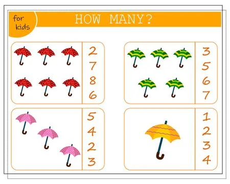Math game for children, count how many umbrellas. Vector isolated on a whit.. Stock Illustration