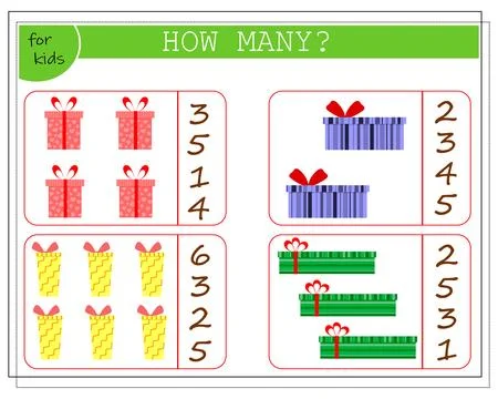 A math game for children, count how many of them there are. Gift boxes. vecto Stock Illustration