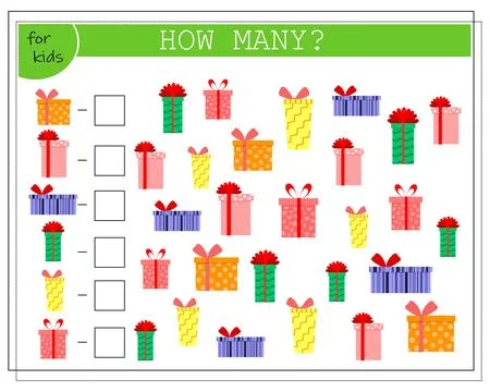 A math game for children, count how many of them there are. Gift boxes. vecto Stock Illustration