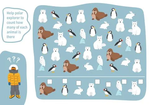 Math game for children with cute cartoon polar animals, Logical activities fo Stock Illustration