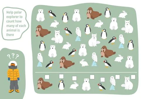 Math game for children with cute cartoon polar animals, Logical activities fo Stock Illustration