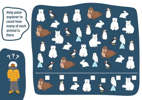 Math game for children with cute cartoon polar animals, Logical activities .. Stock Illustration