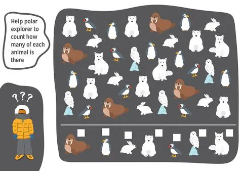 Math game for children with cute cartoon polar animals, Logical activities fo Illustrazione stock