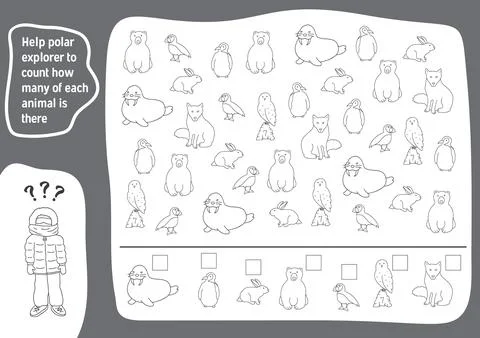 Math game for children with cute cartoon polar animals, Logical activities .. Stock Illustration
