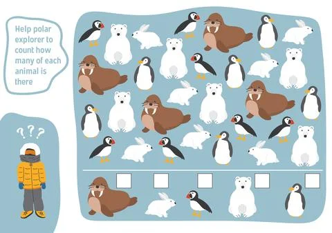 Math game for children with cute cartoon polar animals, Logical activities fo Stock Illustration