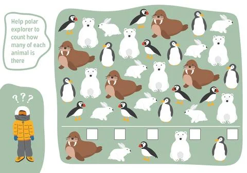 Math game for children with cute cartoon polar animals, Logical activities fo Stock Illustration