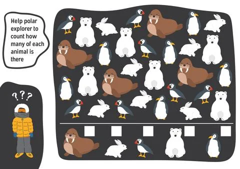 Math game for children with cute cartoon polar animals, Logical activities fo Stock Illustration