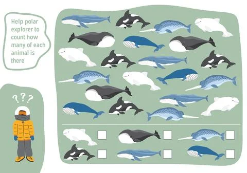 Math game for children with cute cartoon polar sea animals, Logical activitie Stock Illustration