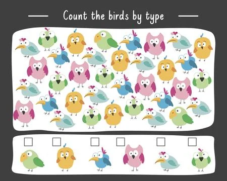 Math game for children with cute cartoon birds, Logical activities for kids,  Stock Illustration