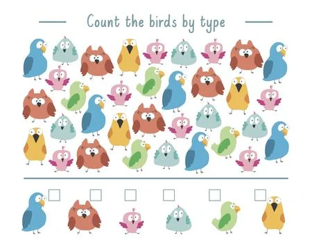 Math game for children with cute cartoon birds, Logical activities for kids.. Stock Illustration