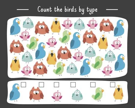 Math game for children with cute cartoon birds, Logical activities for kids,  Stock Illustration