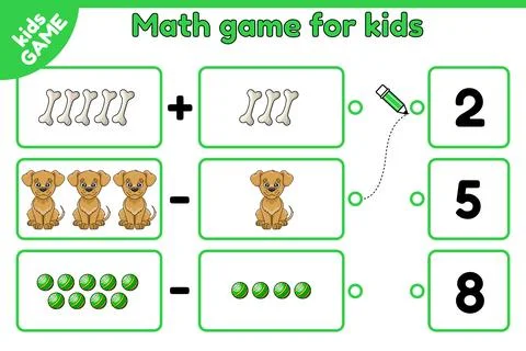 Math game choose the answer with cartoon dogs Stock Illustration
