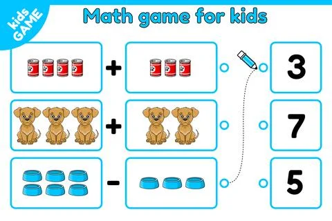 Math game choose the answer with cartoon dogs Illustrazione stock