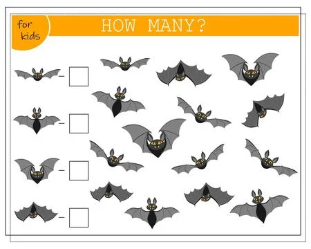 Math game, count how many there are, bats, halloween. vector isolated on wh.. Stock Illustration