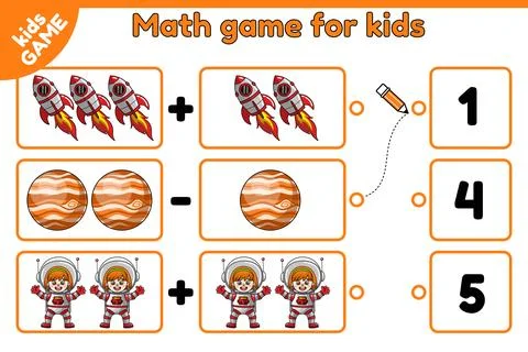 Math game Count space objects and choose number Stock Illustration