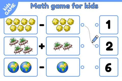 Math game Count space objects and choose number Stock Illustration