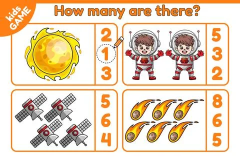 Math game How many are there cartoon space objects Stock Illustration