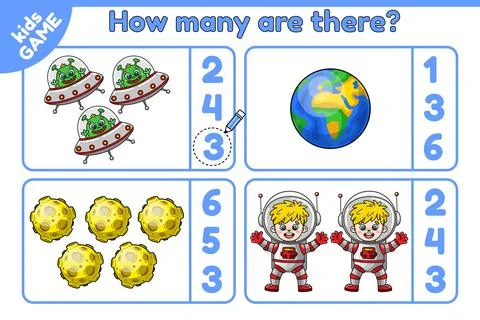 Math game How many are there cartoon space objects Stock Illustration