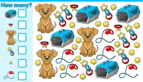 Math game how many cartoon dog puppies accessories Stock Illustration