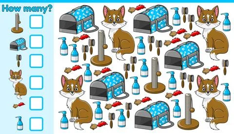 Math game how many cartoon kitten cat accessories Stock Illustration