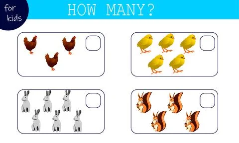 Math game for kids count the animals. Chicken, chicken, hare, squirrel. Stock Illustration