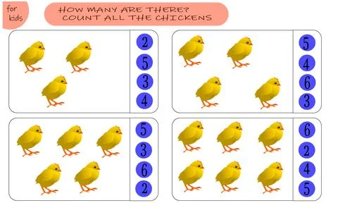 Math game for kids count the animals. Chickens, choose the right answer. Stock Illustration