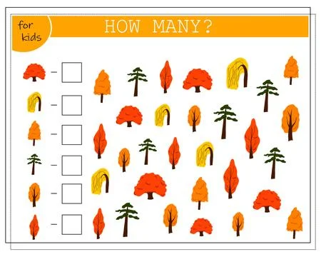 Math game for kids. Count how many autumn trees there are. Vector isolated .. Stock Illustration