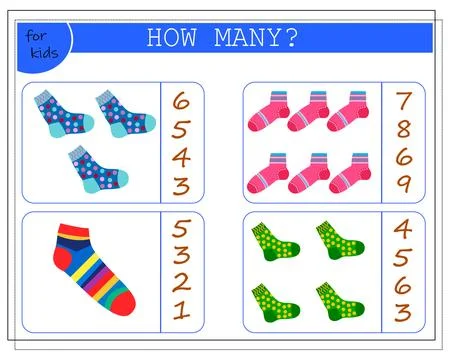 Math game for kids. count how many of them there are. multi-colored socks w.. Stock Illustration