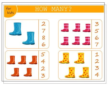 Math game for kids, count how many rubber boots. Vector isolated on a white.. Stock Illustration