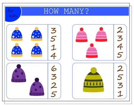 Math game for kids. count how many caps there are. vector isolated on a whi.. Stock Illustration