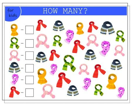 Math game for kids. count how many scarves there are. vector isolated on a .. Stock Illustration