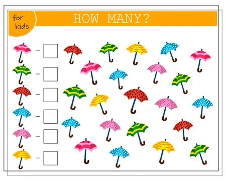 Math game for kids. Count how many umbrellas there are. Vector isolated on .. Stock Illustration