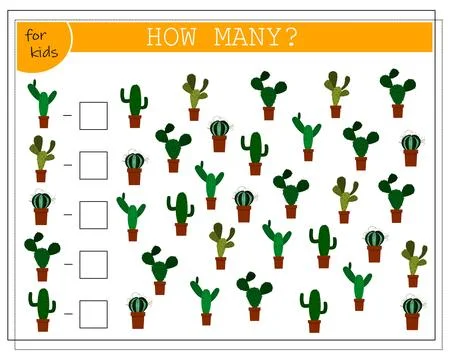 Math game for kids count how many of them there are. count how many cacti t.. Stock Illustration