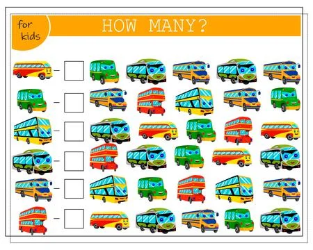 Math game for kids count how many buses. vector isolated on white background. Stock Illustration