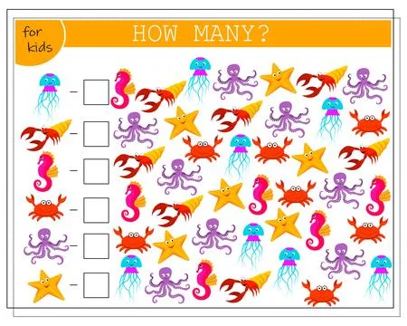 Math game for kids count how many of them there are. crabs, crayfish, octop.. Stock Illustration