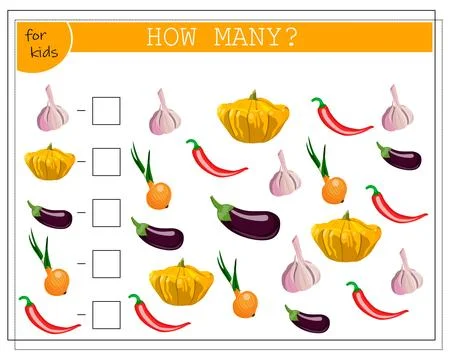 Math game for kids, count how many items, vegetables. garlic, pattison, chili Illustrazione stock