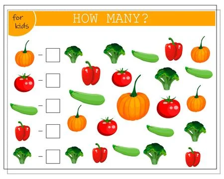 Math game for kids, count how many items, vegetables.pumpkin, tomato, zucchin Stock Illustration