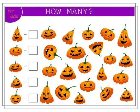 Math game for kids count how many of them, pumpkins, Halloween. vector isolat Stock Illustration